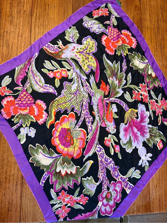 Ralph Lauren Accessories - Vintage Ralph Lauren Black Tropical Birds Silk Scarf with Purple Border 90's